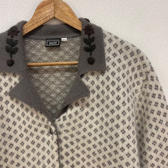 Vintage Sinclair Casual Knit Wool Gray & Creme Nordic Cardigan sz L (42-44) - Picture 2 of 8